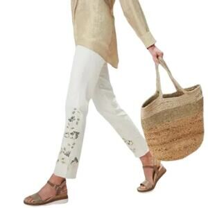 Soft Surroundings White Straight Leg Jeans with Embroidery